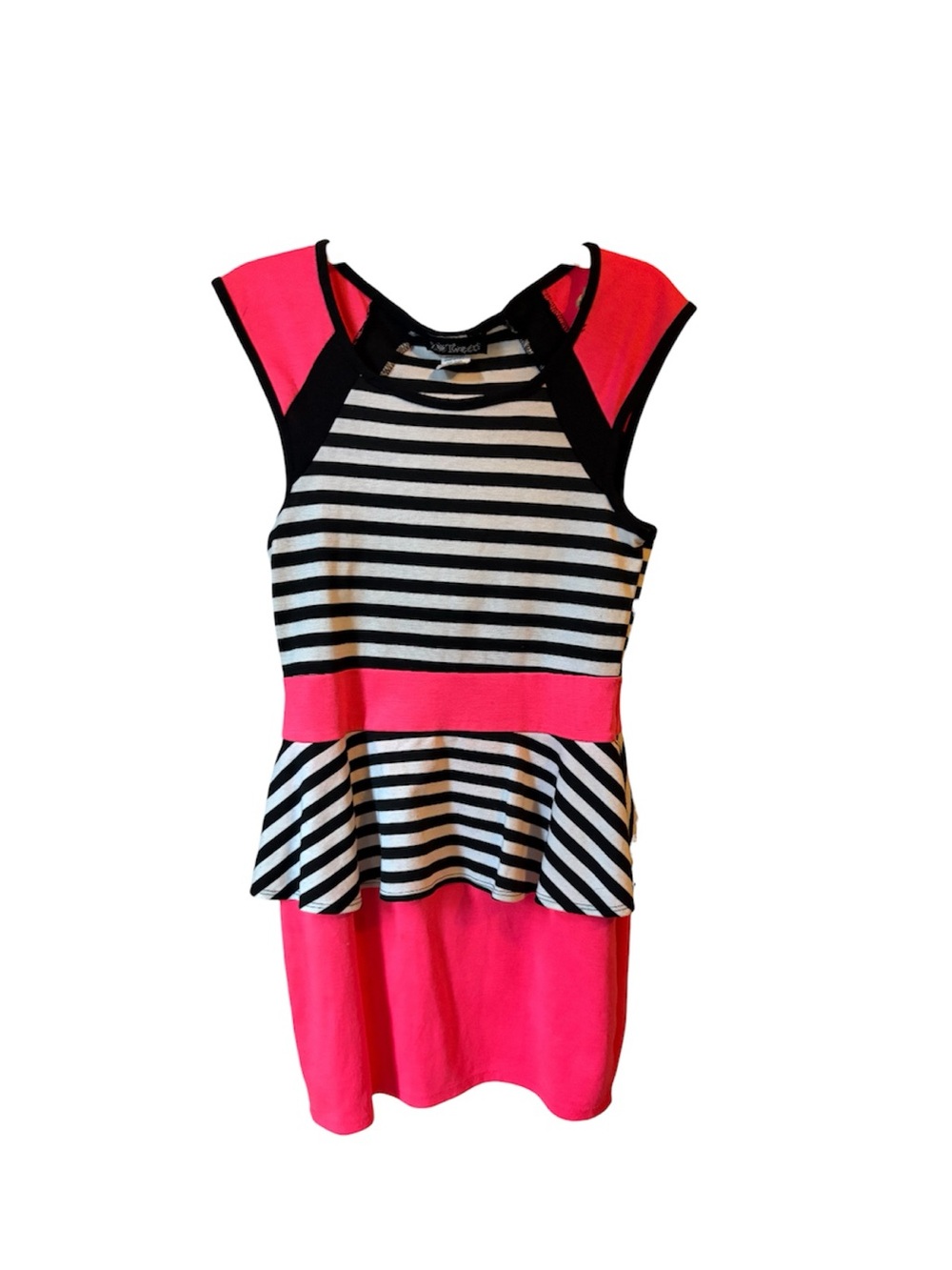 Striped Black & White Peplum Dress with Neon Pink Accents